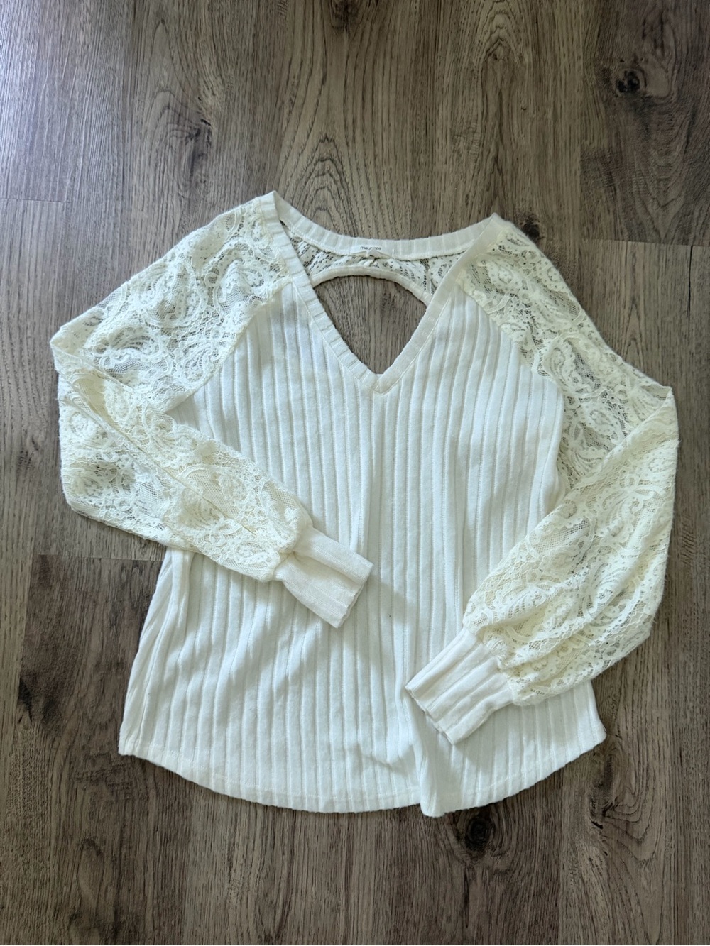 Maurices Cream V-Neck Ribbed Top with Lace Sleeves